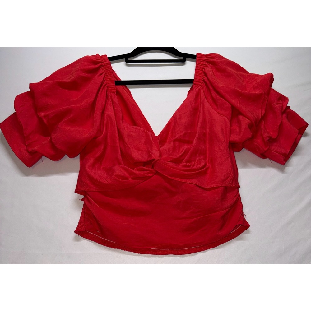 DO+BE Ruffled Puff Sleeve Crop Top Womens Large Red V-Neck Smocked Back Party